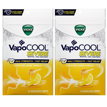 Vicks VapoCool HONEY LEMON Severe Menthol Drops MAX STRENGTH cold Medicine for Sore Throat Remedy 18 Per Pouch (2 PACK)