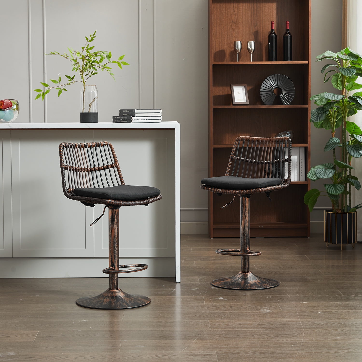 Demi Bonn 35" Counter Height Bar Stools Set of 2, Rattan Swivel Barstools with Back, Kitchen Island Countertop Chairs for Dining Room, Brown