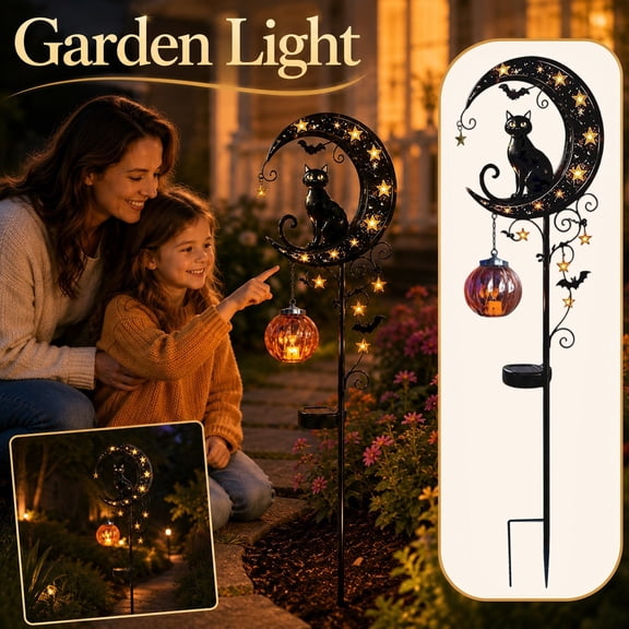Metal Solar Black Cat Crescent Moon Garden Stake Light, Hanging Jack‑O‑Lantern Pumpkin Ornament, Waterproof Solar LED Light, Setup for Yard Lawn Patio Pathway Fall Halloween Outdoor Decor