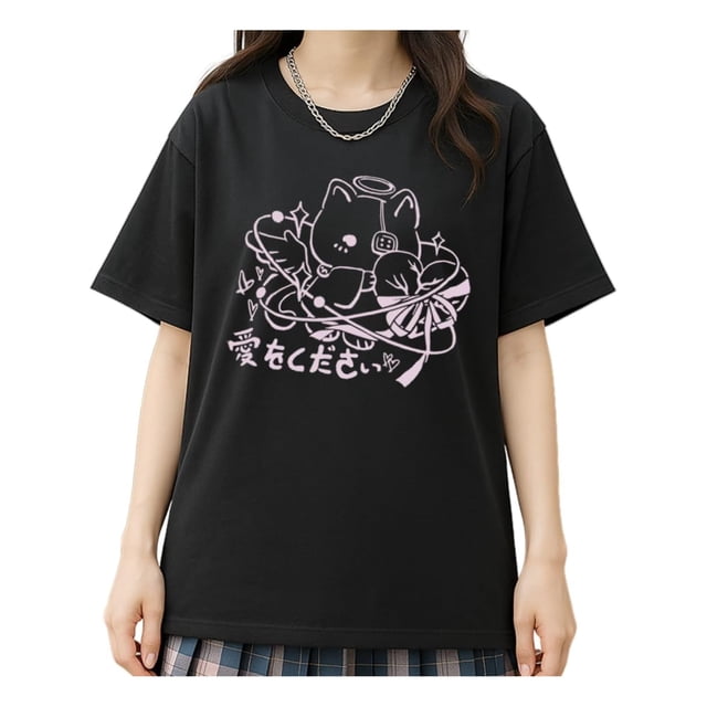 Women Y2K Gothic Grunge Kawaii Fashion Casual Style Crew Neck Short Sleeve Goth Cartoon Cat Graphic Print T-Shirt tee top