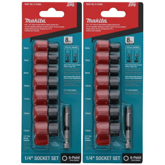 Makita E-01694 8 pc 1/4 in Drive Metric XPS 6-Point Impact Socket Set With Standard Socket Adapter (2-Pack)