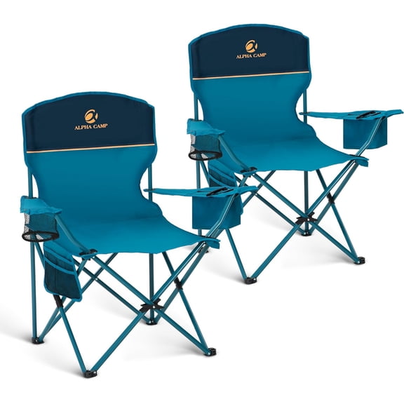 Folding Chair 2-Pack with 4-Can Cooler Bag, Cup Holder and Storage Pocket, 250 lb Capacity, Blue