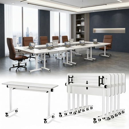 Folding Conference Table Modern Mobile Training Table Rolling Conference Room Tables with Wheels Seminar Meeting Tables for Office Classroom (2 Walnut 63 D X 19.6 W X 29.5 H)