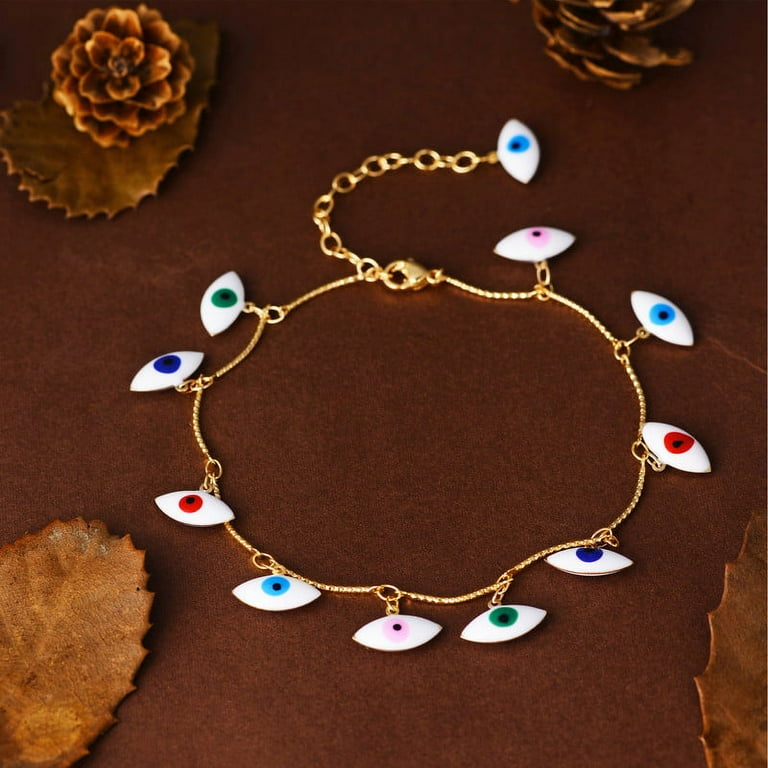 Evil Eye Bracelet. Multi-Color Tiny Evil Eye Charm Gold Plated Chain Bracelet, Evil Eye Anklet