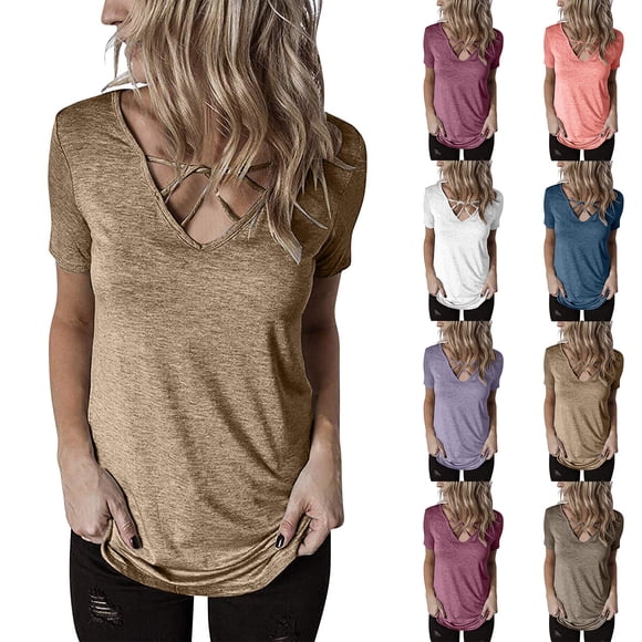 Qtocio Blouses for Women,Casual Loose Solid Color Tops Summer V Neck Wrap Short Sleeve Comfortable Ladies Shirts