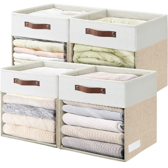 Yhmxh Linen Foldable Storage Bins with Clear Window, Storage Cubes Storage Organizer with 2 Handles, Closet Organizers and Storage Basket for Shelf Closet, Clothes, Cabinet (13x13x13 Inch)