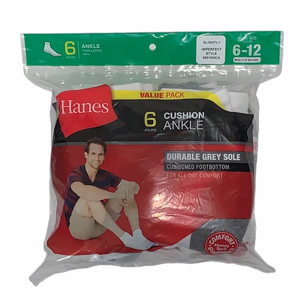 Hanes Adult Mens 6 Pack Durable Cushioned Grey Heel Ankle Socks White