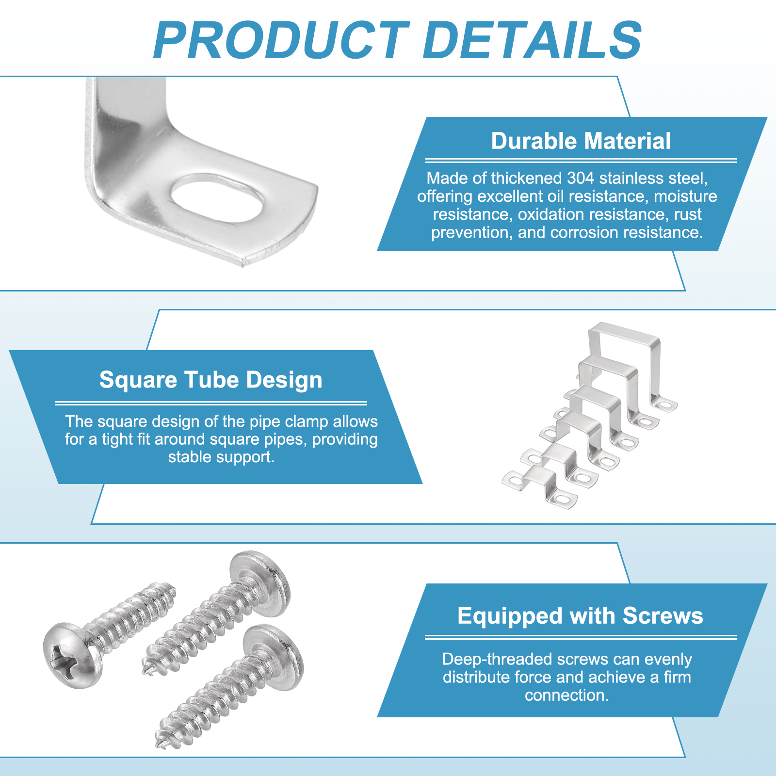 Uxcell 4pcs 2-3/4" x 2-3/4" Square Pipe Clamp, 304 Stainless Steel U Shaped Connector Bracket Heavy Duty Tube Strap Buckle with Self-Tapping Screws for Tube Installation