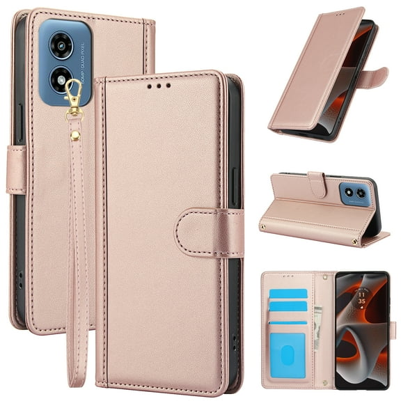 ELEHOLD Case for Moto G Play 4G 2024, Shockproof PU Leather Crossbody Wallet Stand Case with Credit Card Holder & Wrist Strap,Rosegold