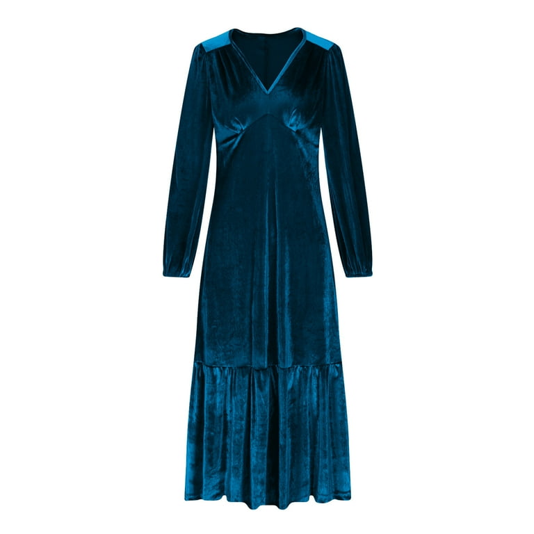 Blczomt Velvet Womens Holiday Dress Midi Long Sleeve Flowy Blue A Line Plus  Size Soft V Neck Dress - Walmart.com