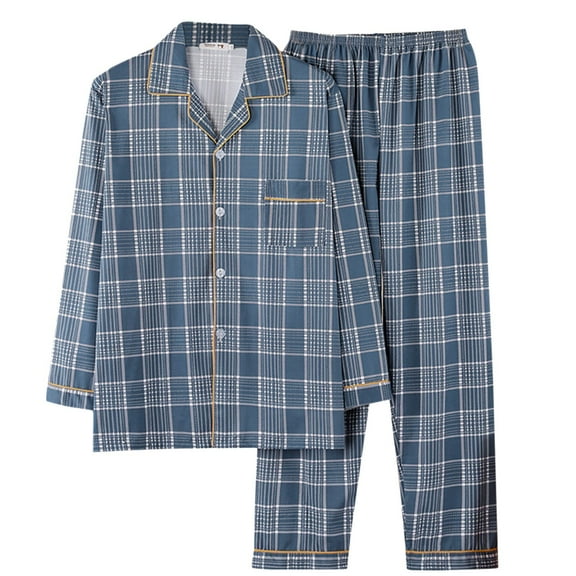 Mens Pajamas Casual Grid Printed Lapel V Neck Button Long Sleeve Long Pants Plus Size Fall Pjs