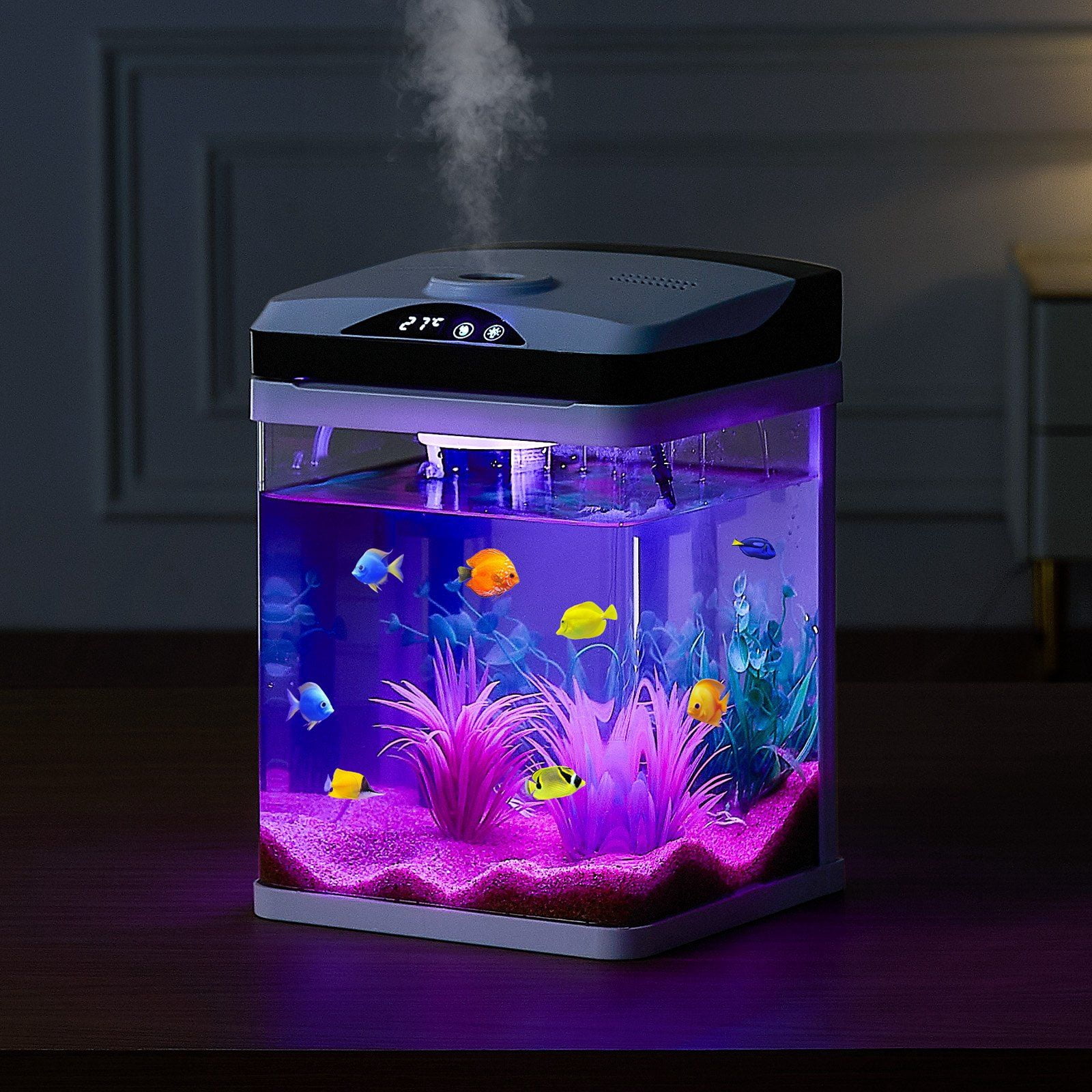 2 Gallon Fish Tank Aquarium LED Smart Square Clear Glass Aquarium with 7 Color Lighting, Self-Cleaning Filtration, Oxygenation, Water Circulation, Low-Noise Pump, High Definition Glass, for Beginners