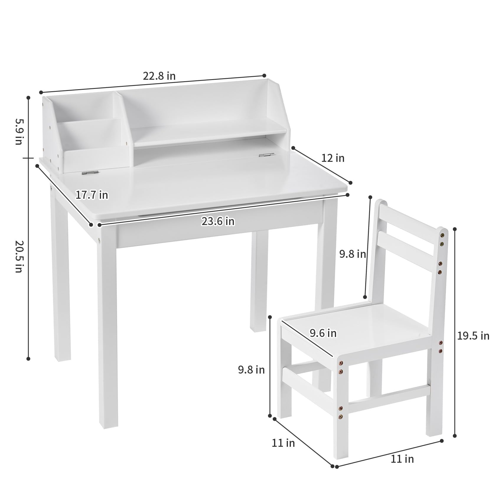 UNICOO® Bamboo Kids Desk and Chair Set, Lift-Top Desk & Chair Set for 3-8 Years Old, Children Writing Desk with Storage and Hutch for Home School Use (C007 - White)