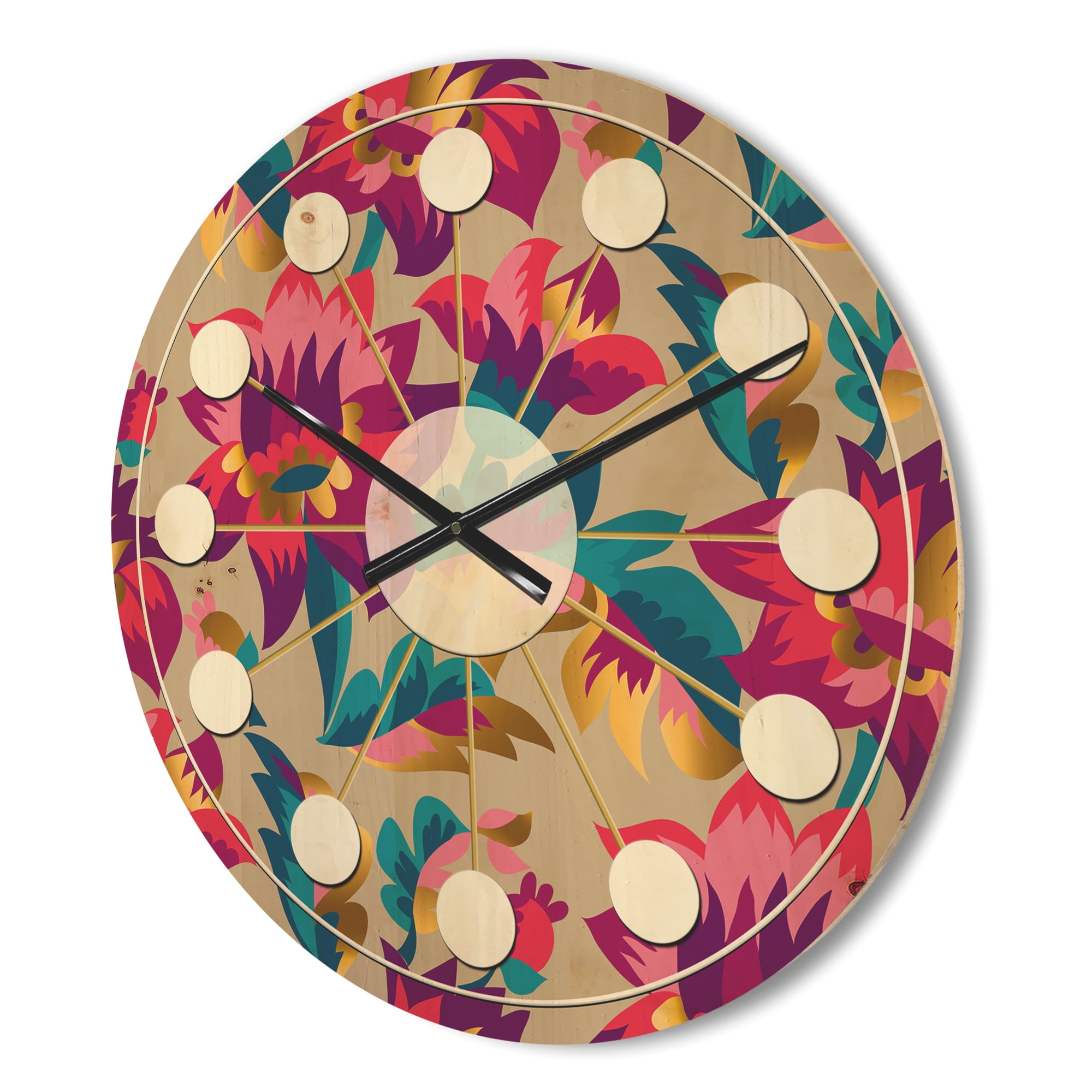 Designart 'Elegant blossom Retro pattern' Mid-Century Modern Wood Wall Clock