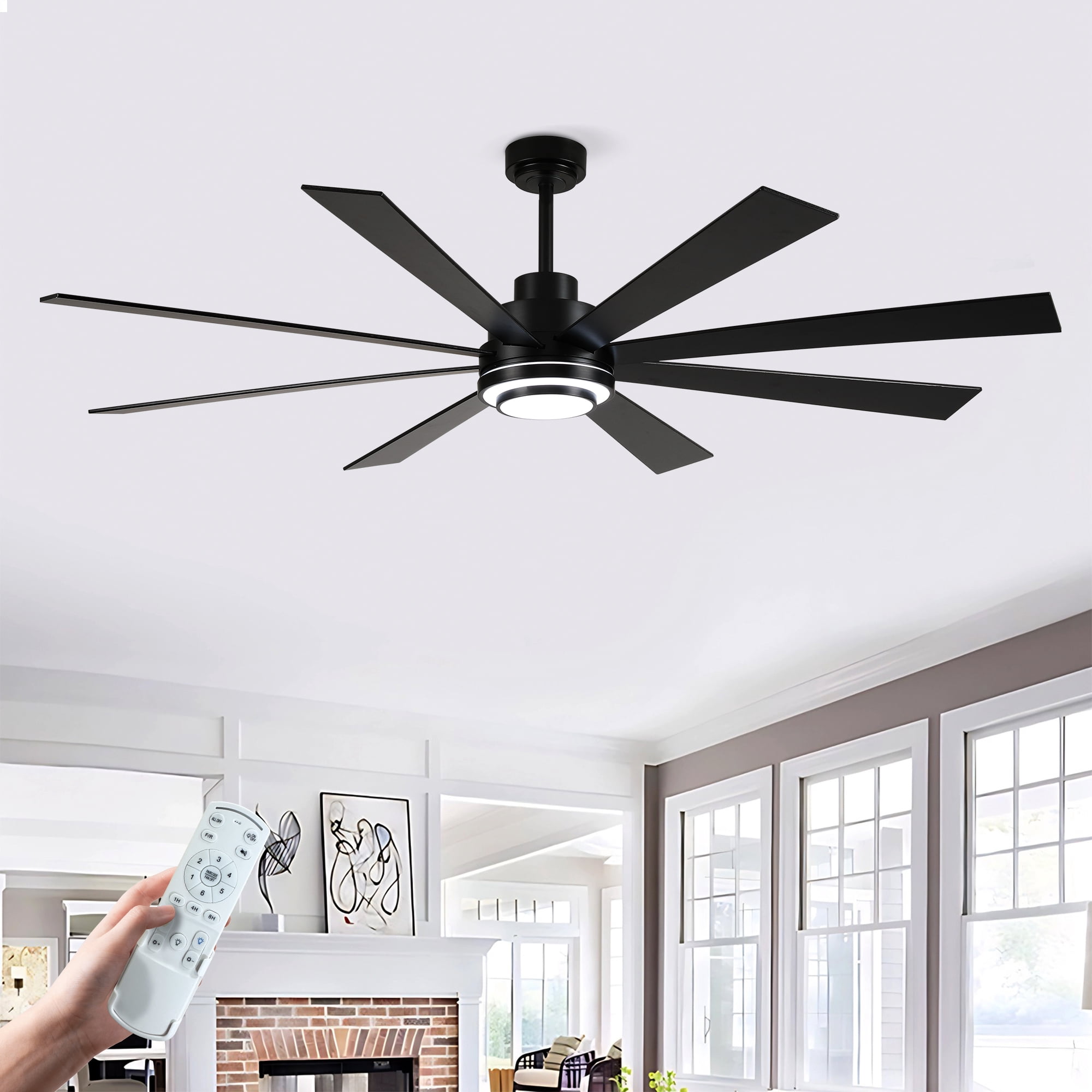 Ceiling Fan with Light, 72 Inch Large Size Fan for Household Big Living Room Bedroom, Matte Black Wood