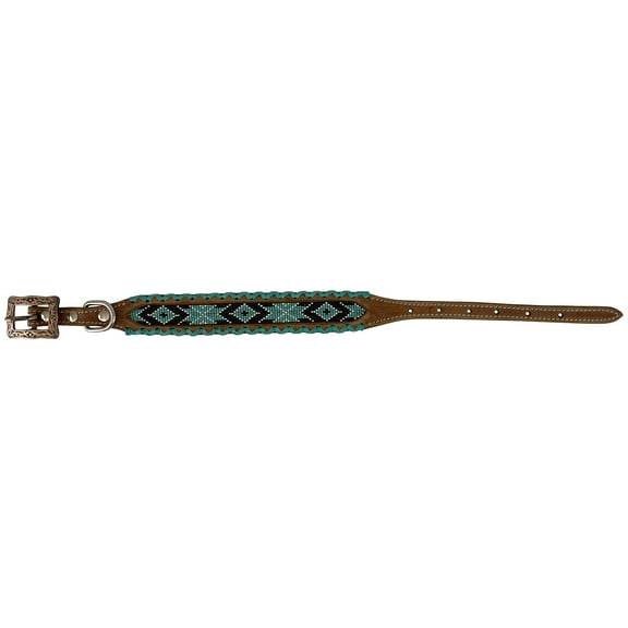 Showman Couture Leather Dog Collar w/ Beaded Inlay & Teal Rawhide (Large(19"-24"))