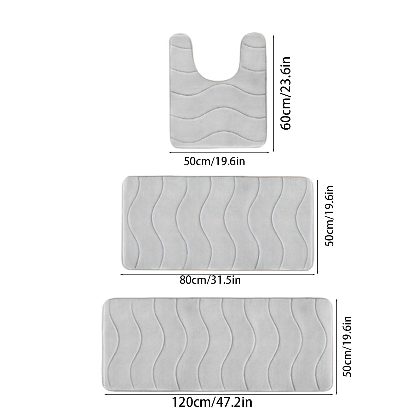 Beautynvta Memory Foam Bath Mat Set, 3 Pieces Quick-Dry Absorbent Bath Mats and U-Shaped Contour Rug for Bathroom, Non-Slip and Soft Comfortable, Gray