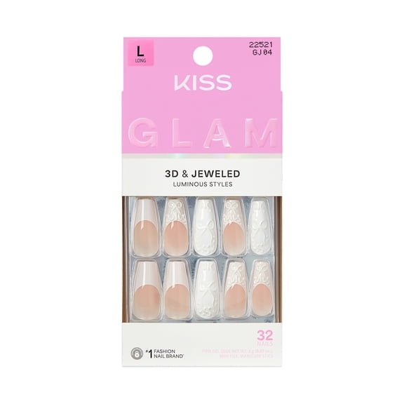 KISS GLAM 3D & Jewel Press On Nails , ‘Breath of Harmony’, White, Long Coffin, 32 Count