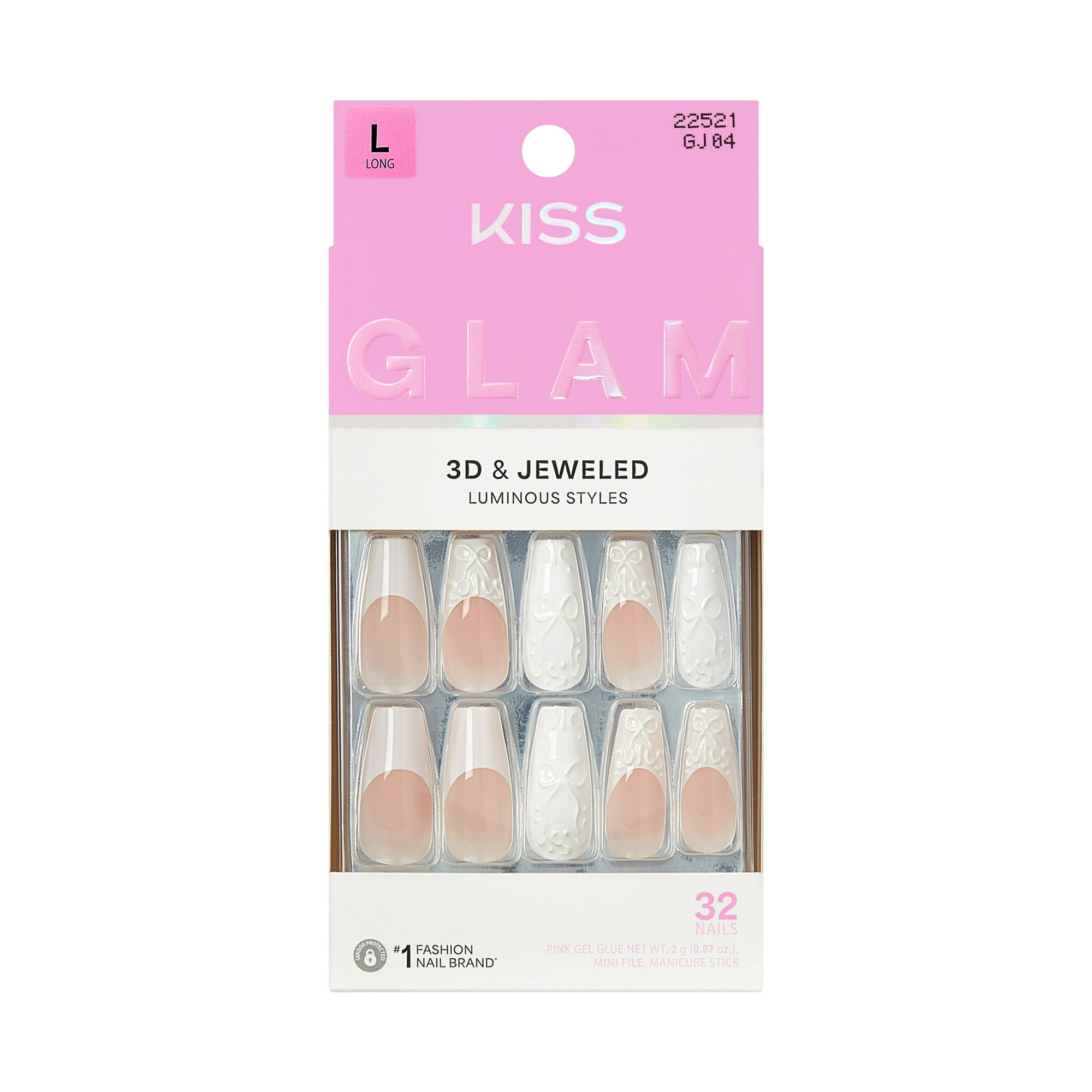 Kiss Glam 3D & Jewel Press On Nails , ‘Breath of Harmony’, White, Long Coffin, 32 Count