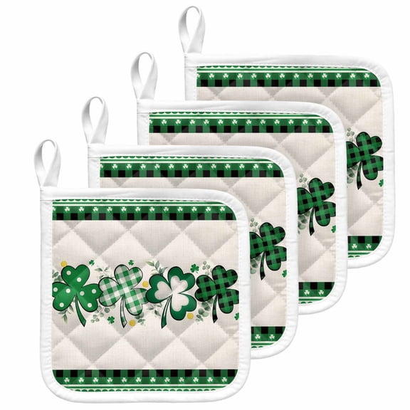 St. Patrick's Day, Pot Holders for Kitchen Heatproof Potholder, 4 Pack Green Shamrock Farmhouse Plaid Eucalyptus Hot Pads Multipurpose Oven Pads Cloth Potholders Trivet for Cooking and Baking