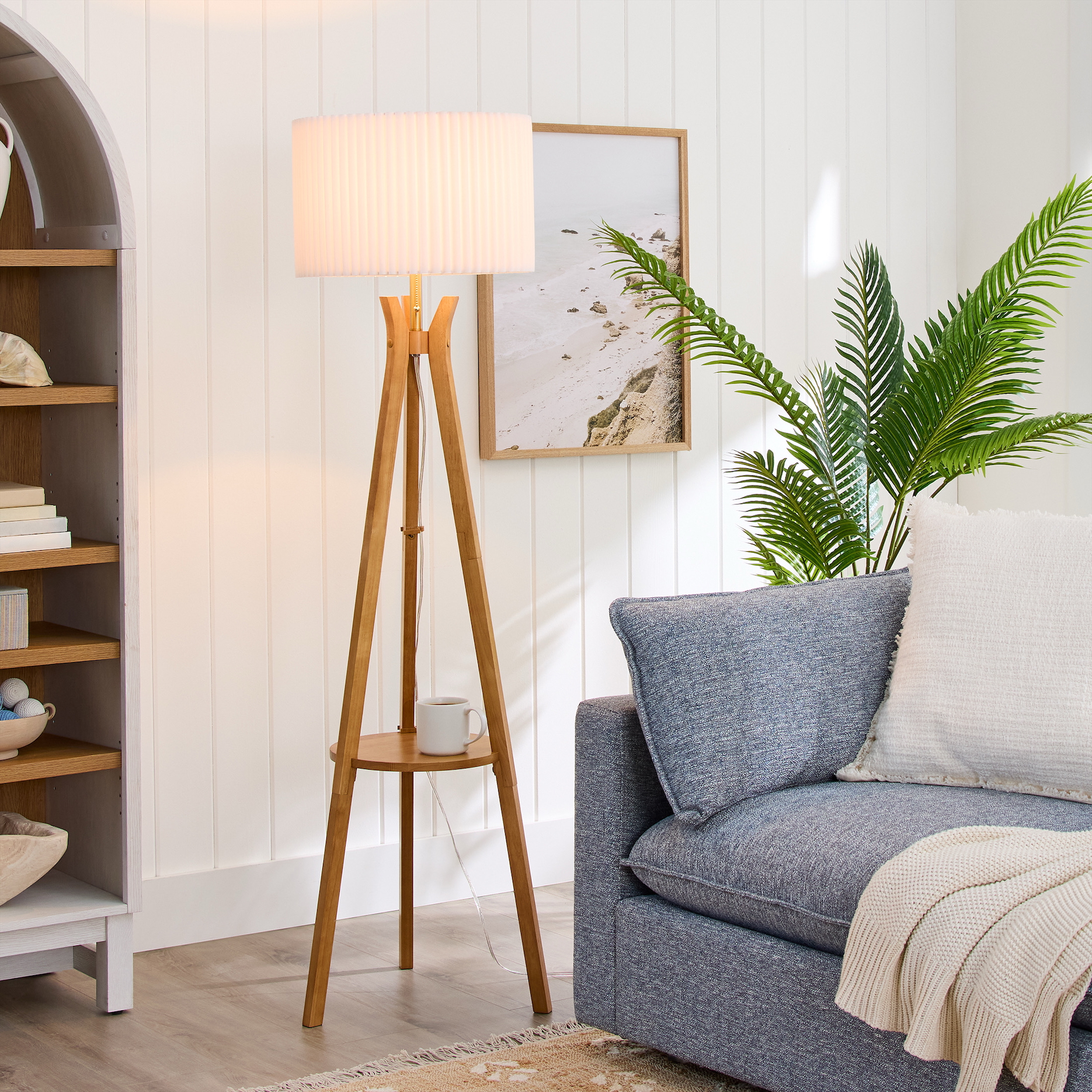 Better Homes & Gardens 63" Natural Wood Tripod Floor Lamp with Pleated Shade