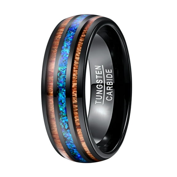 8mm Men's Black Tungsten Rings Blue Created Opal and Hawaiian Koa Wood Inlay Wedding Band