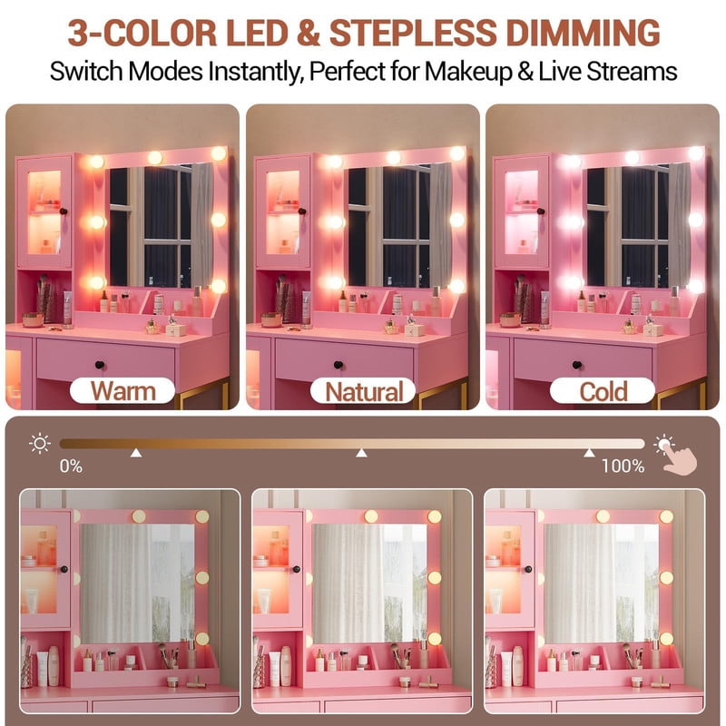 TROPOW Vanity Desk with Mirror and Lights Elegant Makeup Vanity Table with Drawers & Cabinets, Storage, Sturdy MDF Top, Adjustable Brightness Bulbs, Built-in Power Outlet & USB Ports,Pink