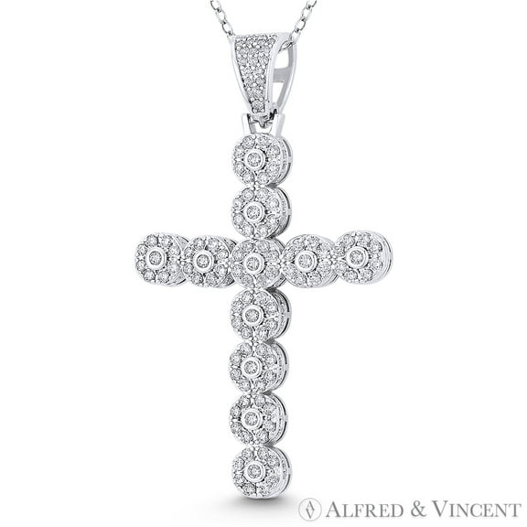 Multi-Circle Cross Cubic Zirconia CZ Crystal Pave 51x28mm (2x1.1in) Christian Pendant in .925 Sterling Silver w/ Rhodium