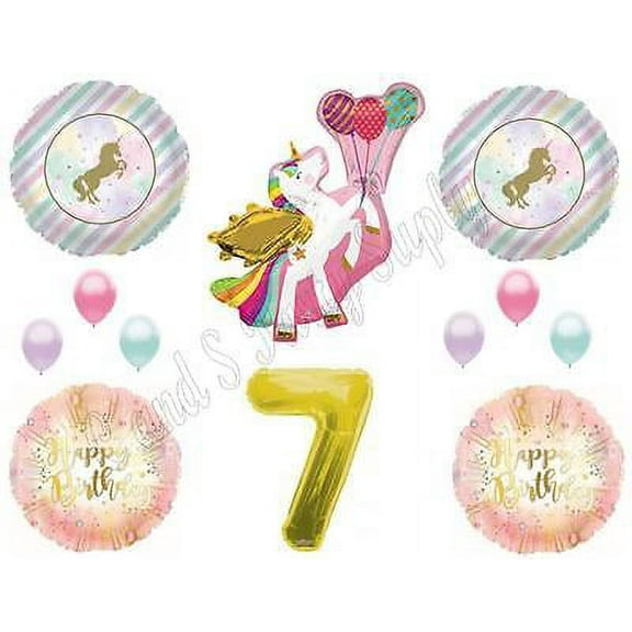 WINGED UNICORN 7th Happy Birthday Party Balloons Decoration Pastel Gold Seventh