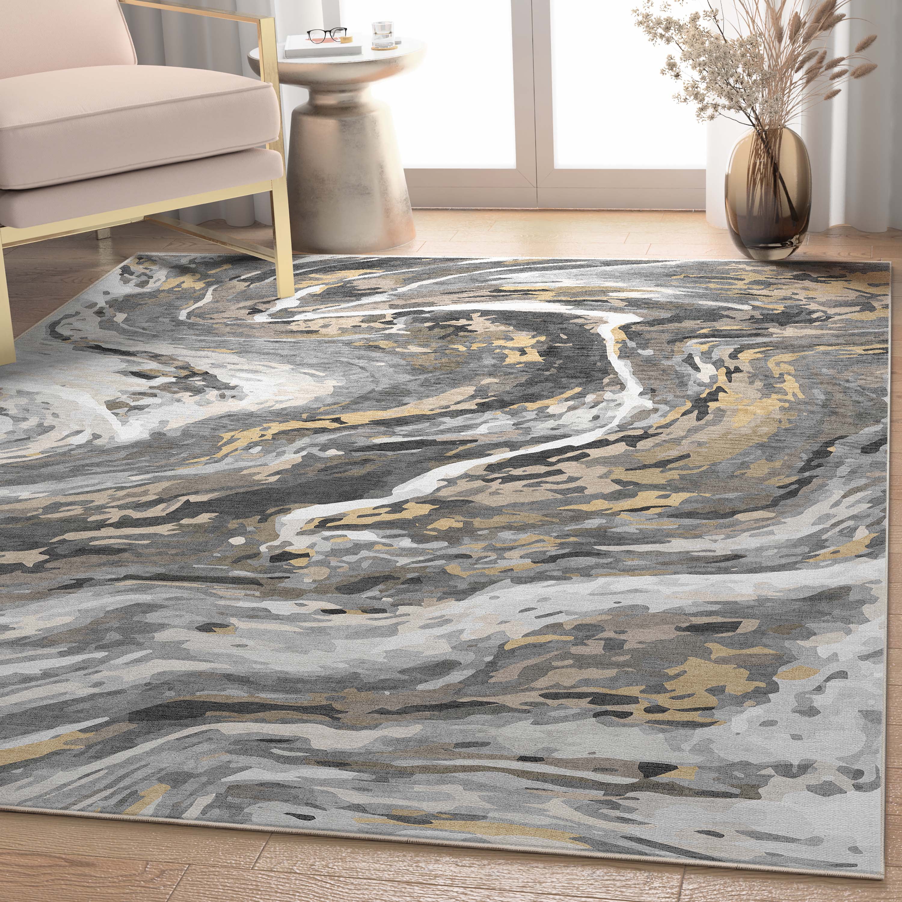 Gray Gold Abstract Marble Flat-Weave Area Rug 9'10" x 13'