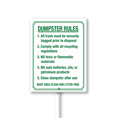 Eveokoki Dumpster Rules Sign 7 x 8.8 Inch Outdoor Aluminum Yard Signs with Metal Stakes for Private Property Grass Lawn No Trash Dumping