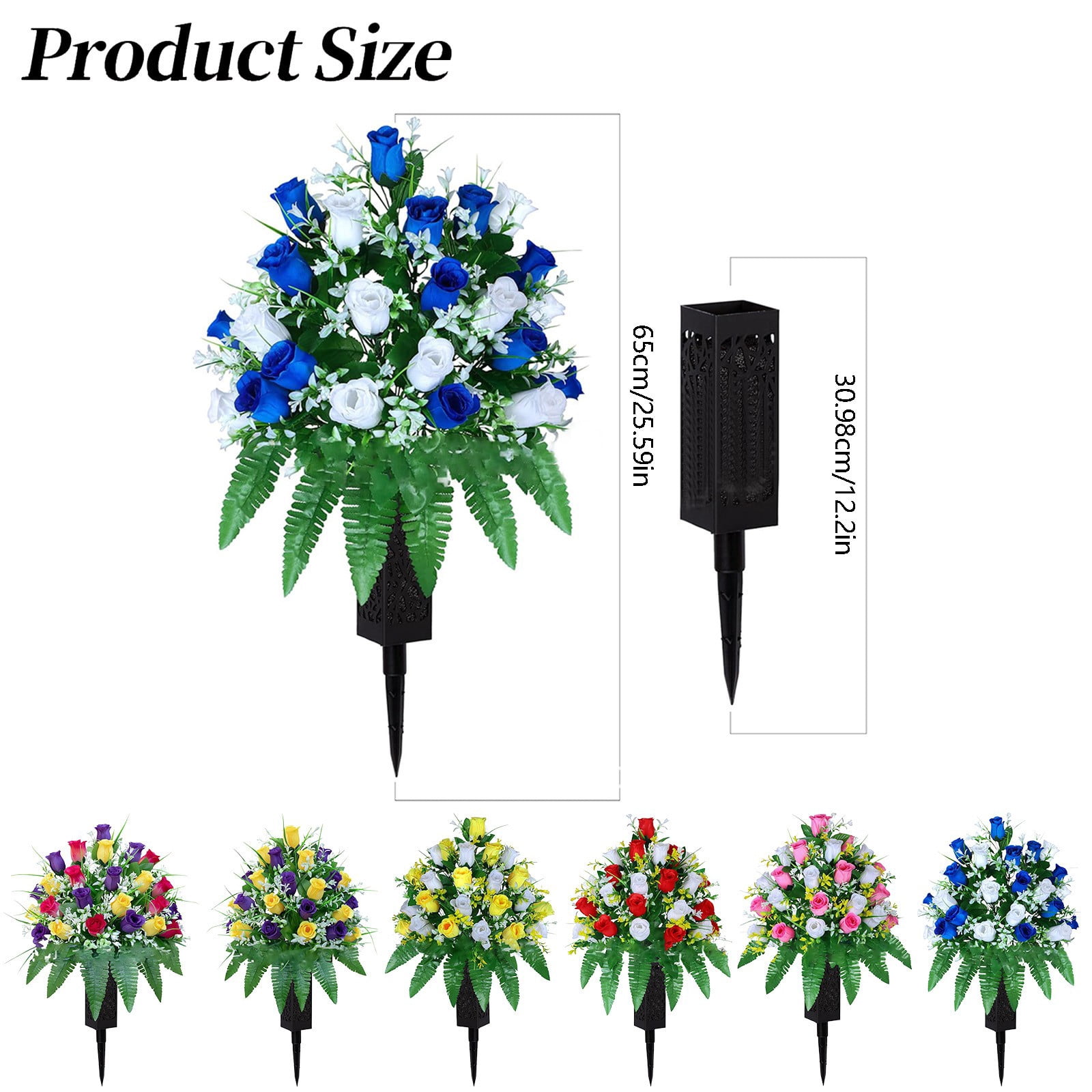 Cemetery Flowers for Grave Vase Everlasting Memorial: 16-Rose Cemetery Flower Bouquet with Long Nail Vases, All-Weather Artificial Flowers for Outdoor & Home Adornment Cemetery Flowers for Gravesite