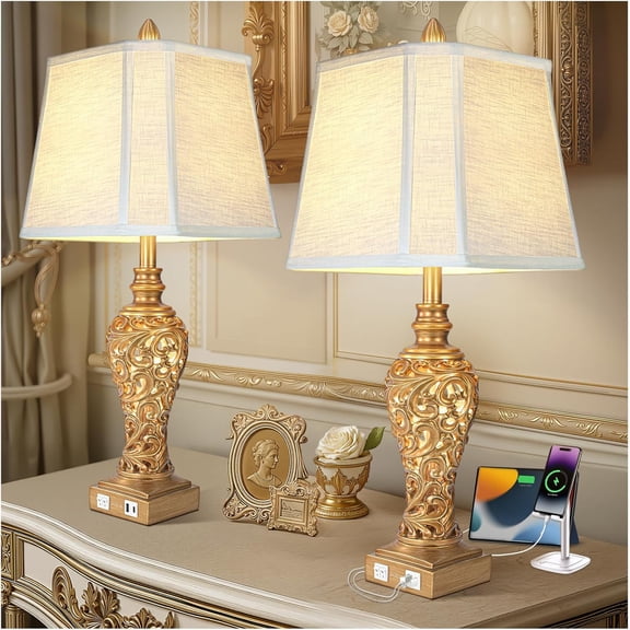 Vintage Table Lamps, Set of 2 - 28.5" Tall Antique Gold Bedside Lamps with USB A C Charging Ports, Night Light, and Fabric Shades, Farmhouse Style for Bedroom, Living Room, Office (Bulbs Included)