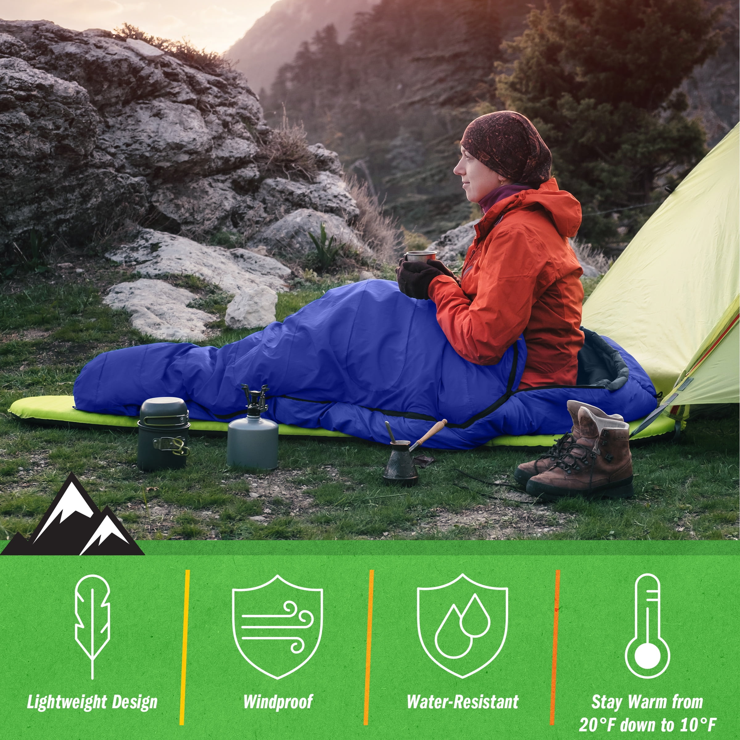 Wakeman Outdoors Cold Weather Lightweight Compact Mummy Sleeping Bag for Camping and Backpacking Rated to 25°F, Blue