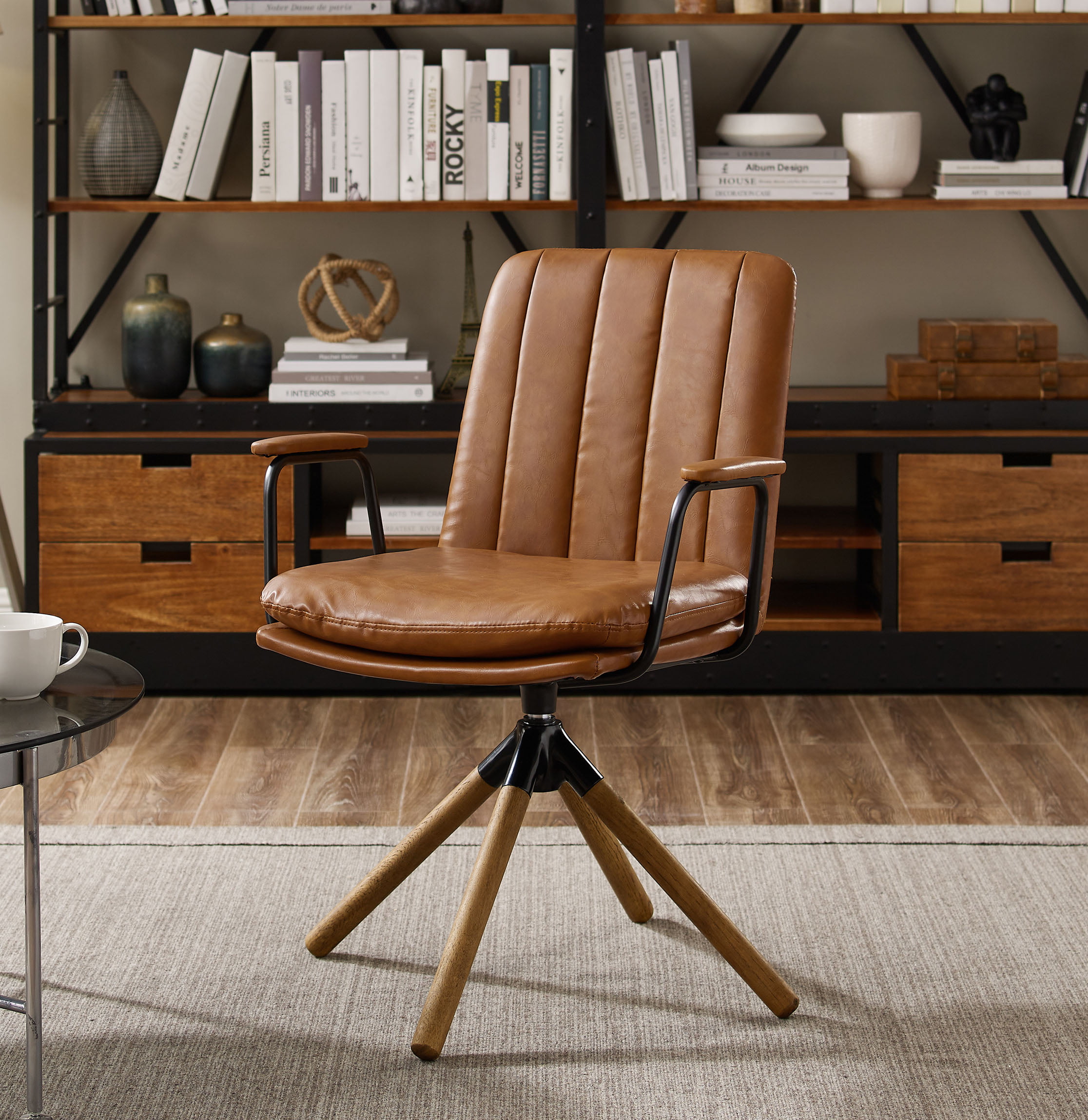 Art Leon Mid Century Accent Chair No Wheels, Faux Leather Swivel Desk Chair,  Upholstered with Oak Wood Legs, Yellow Brown 