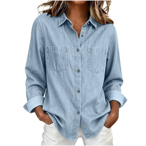 Hurxie Women's Fashion Long Sleeve Flared Double Pocket Denim Button-Up Shirt Jacket Top Light Blue,S