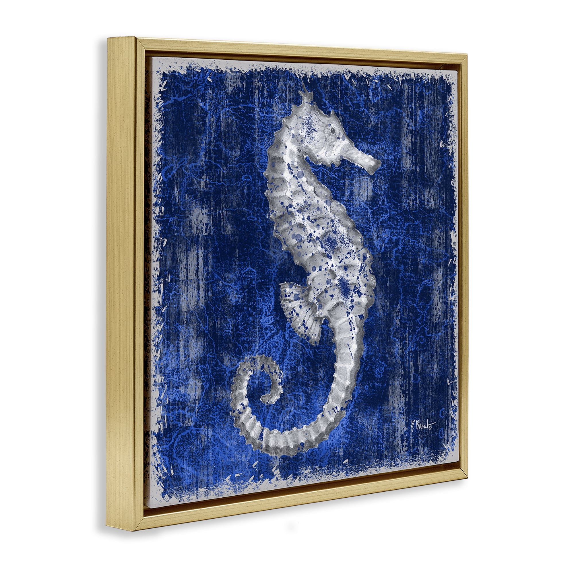 Stupell Industries Rustic Indigo Seahorse Nautical & Beach Painting Gold Floater Framed Canvas Art Print Wall Art, 25 x 25