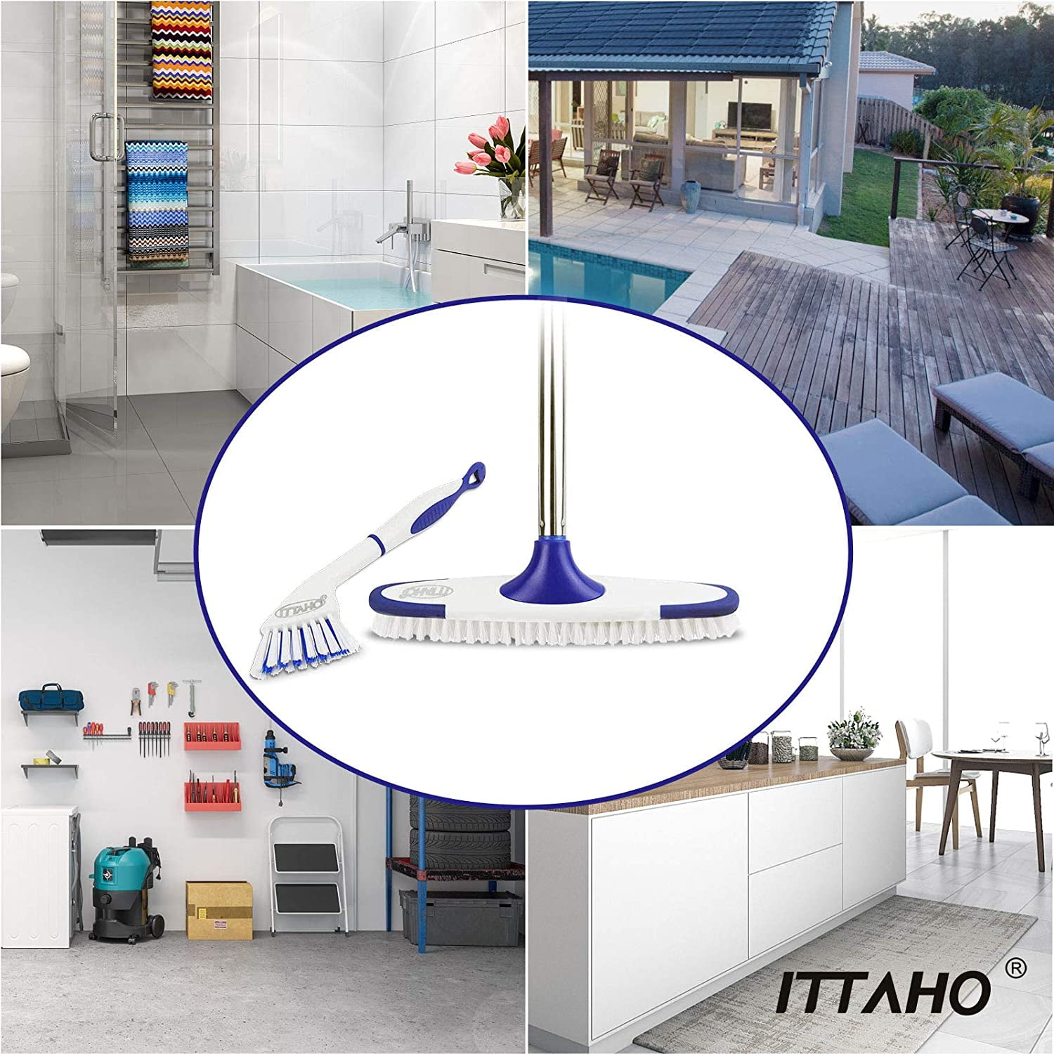 ITTAHO Scrub Brush with Long Handle,Grout Cleaner Brush and Small Cleaning  Brush Set for Scrubbing Tile Marble Stone Bathroom Patio Garage Deck Floor