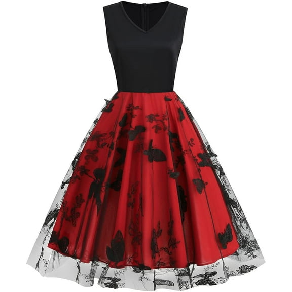 Women Keyhole Floral Embroidery Dress Sheer Mesh Illusion Vintage Cocktail Swing Dress Wedding Party Prom Tulle Evening Dress