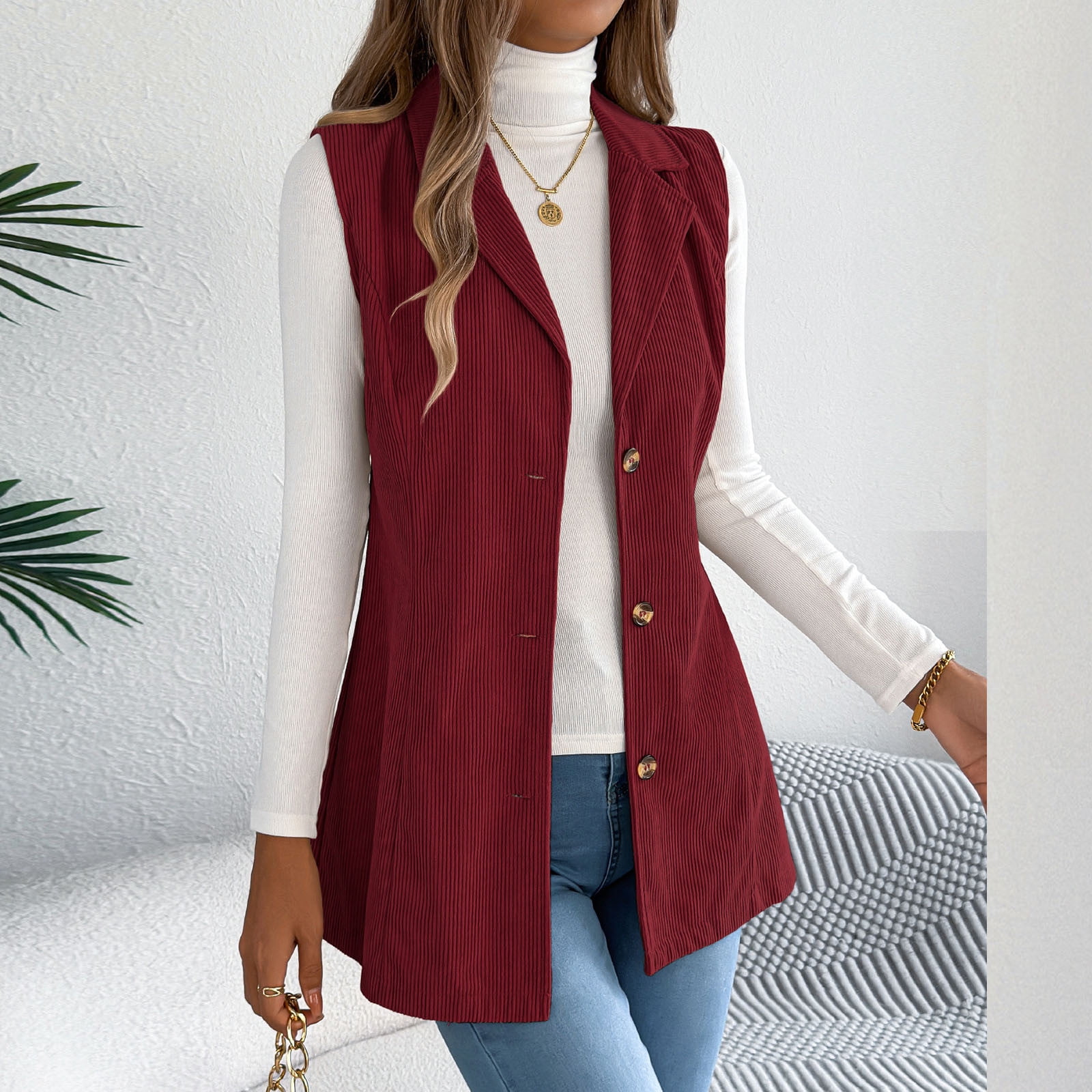 Vest for Women Fall Sleeveless Blazer Jackets Solid Button Down Lapel Coats Trendy Work Coats Wine M - image 5