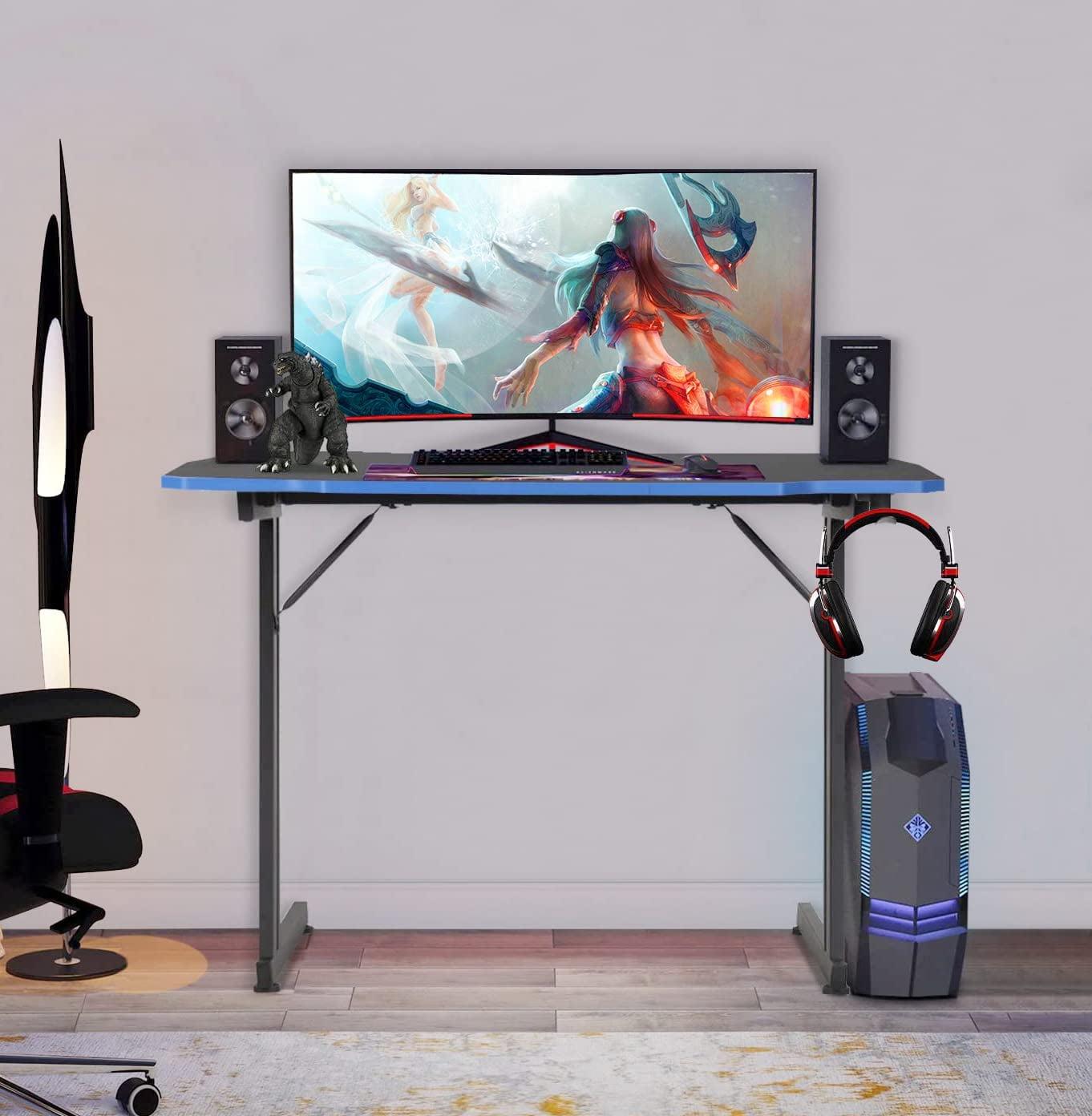 35 inch Gaming Desk Z-Shaped Leg PC Computer Desk with Headphone Hook, Ergonomic Gaming Table Gaming Workstation（Blue）
