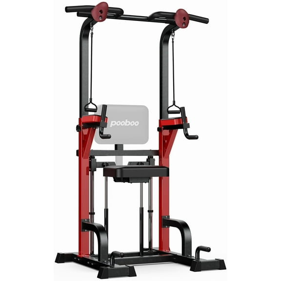 Pooboo Power Tower Pull Up Bar Dip Station with Resistance Assisted Pad Multi-Function Adjustable Height Home Gym Strength Training Fitness Workout Equipment 480 LBS
