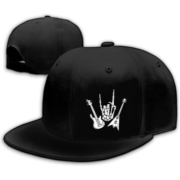 Flat Bill Brim Hats for Men Snap Backpack Hat Adjustable Baseball Cap Mens Snapback Hats Guitars Rock and Roll Skeleton Hand