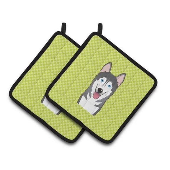Checkerboard Lime Green Alaskan Malamute Pair of Pot Holders
