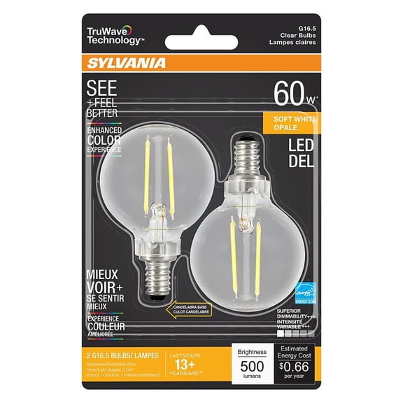 Sylvania 40852 G16.5 LED Bulb, Clear, 500 Lumens