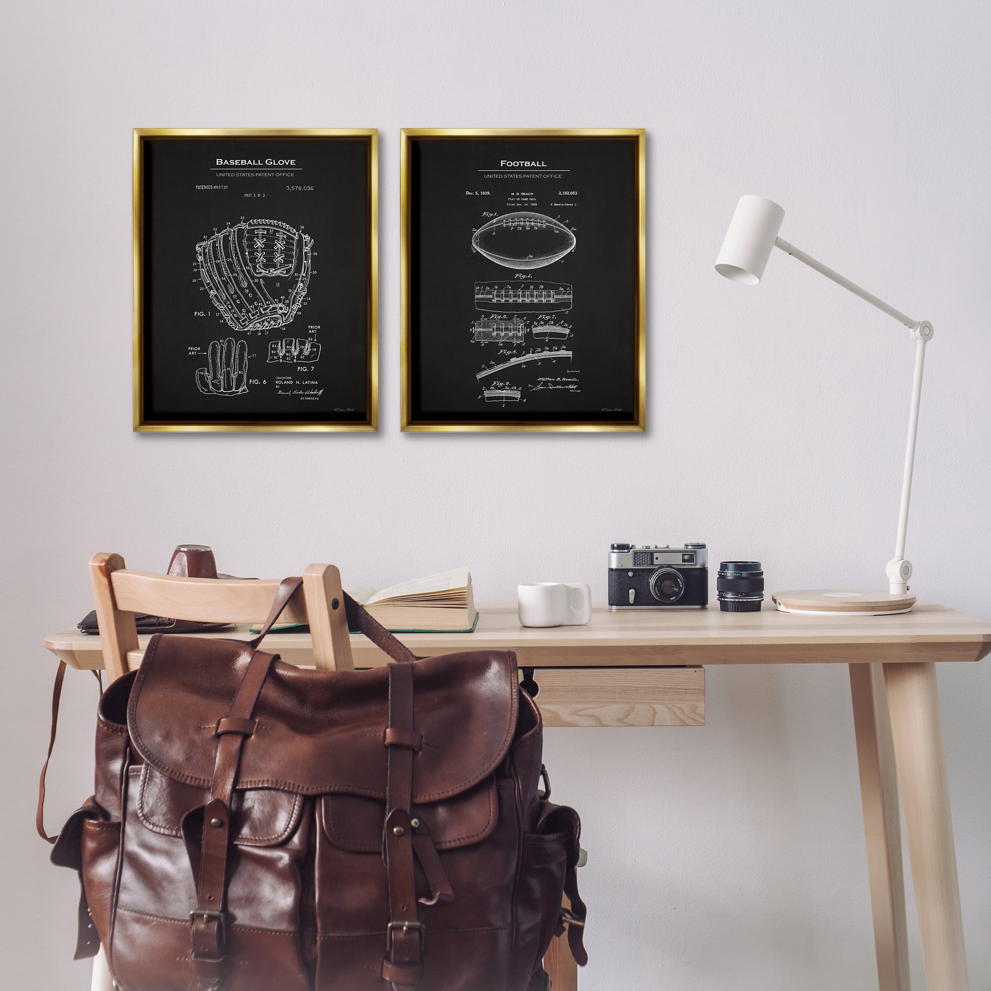 Stupell Industries Football Baseball Glove Patent Education Painting Gold Floater Framed Canvas Art Print Wall Art, 17 x 21, Set of 2