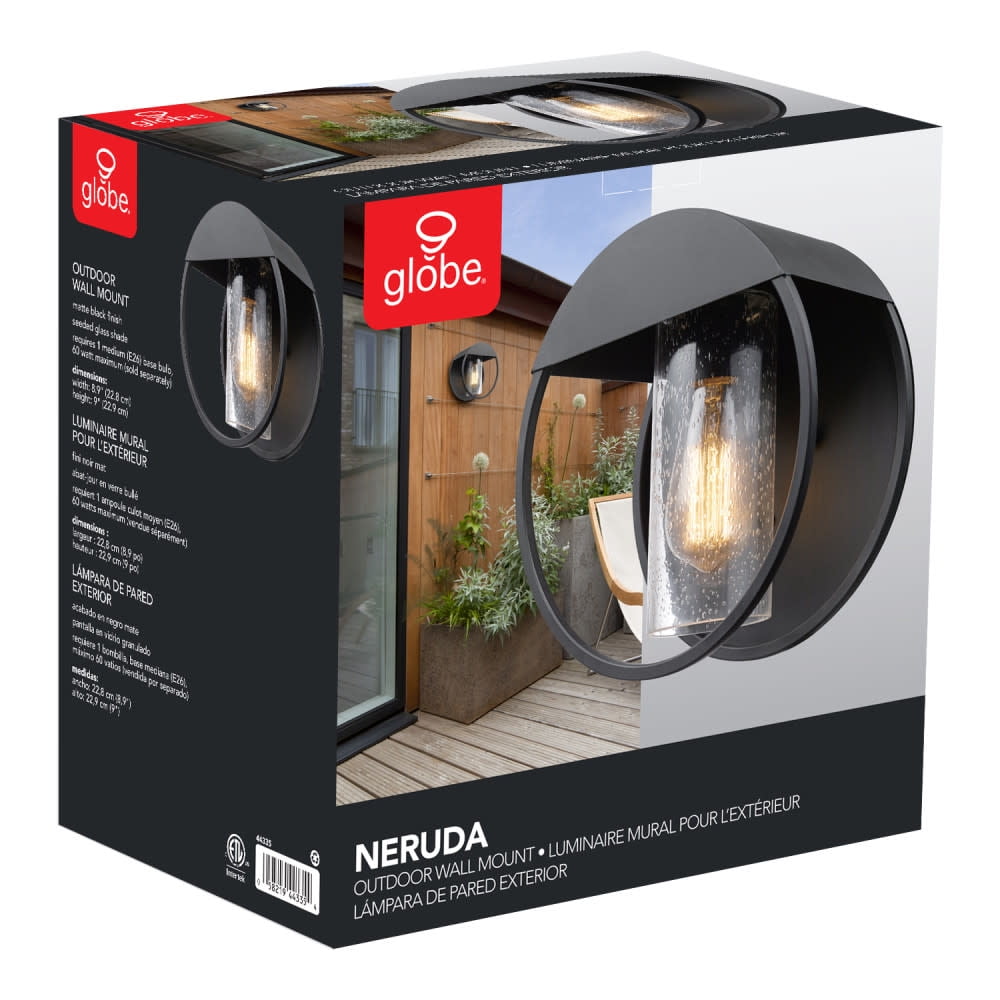 Globe Electric Vintage 1-Light Matte Black Outdoor Indoor Wall Sconce with Seeded Glass Shade