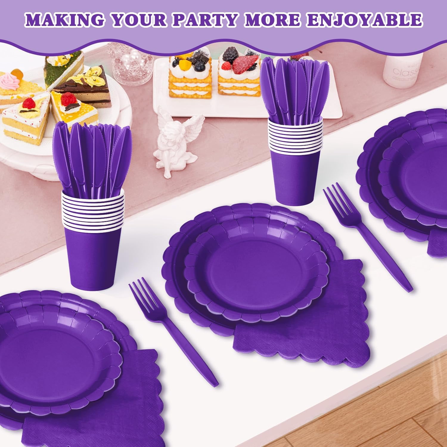 175 Pcs Deep Purple Disposable Paper Plates and Napkins Set for 25, 9" Dinner Plates & 7" Dessert Plates, Tableware for Birthday, Graduation, Party