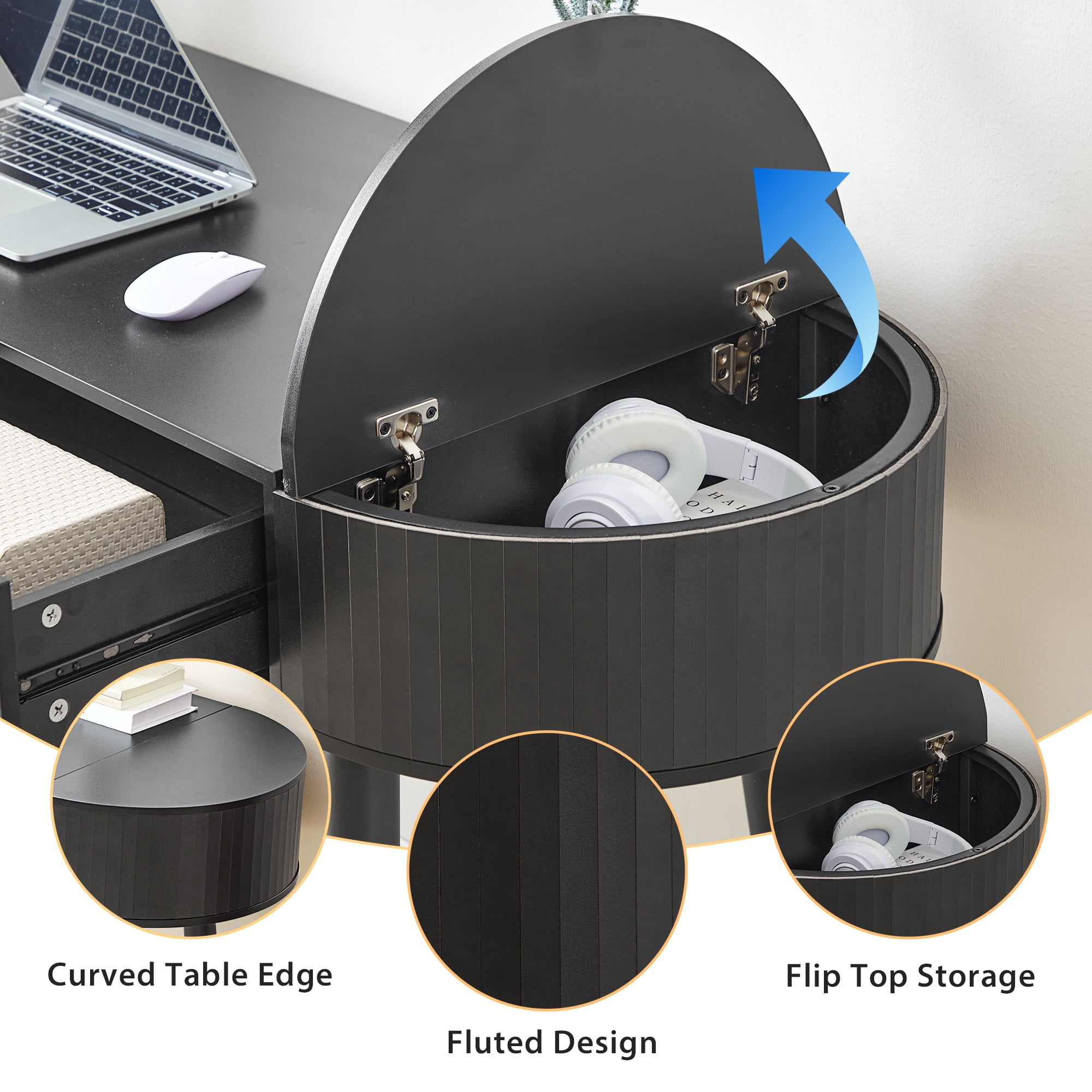 YOCWO Modern Home Office Desk with 2 Drawers and 2 Flip-top Storage, Oval Computer PC Desk Table, Vanity Desk with Fluted Curved Table Edge, Black