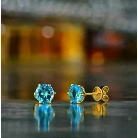2Ct Round Cut Simulated Blue Topaz Women's Birthday Gift Solitaire Stud Earrings 14K Yellow Gold Plated